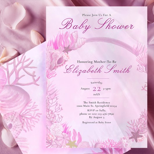 Girl Under the Sea Cute Pink Baby Shower 招待状