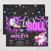 Girl Unicorn Roller Skating Birthday Neon Glow 招待状 (正面/裏面)