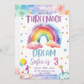 Girl Unicorn Threenage Dream, Rainbow 3rd Birthday 招待状 (正面/裏面)