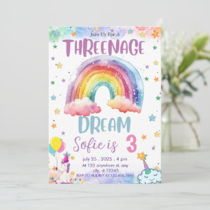 Girl Unicorn Threenage Dream, Rainbow 3rd Birthday 招待状