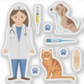 Girl Veterinarian With Puppy Cat And Vet Things シール (正面)