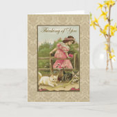 Girl w/Cats 考え of Youヴィンテージ再生 カード (黄色い花)