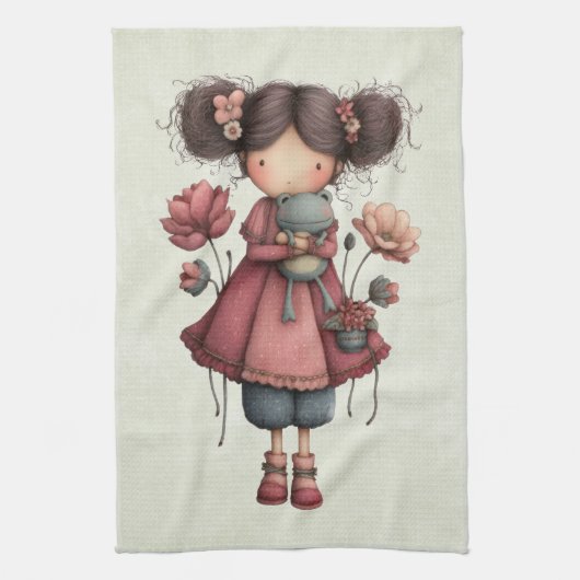 Girl with A Frog Doll Cute Whimsical キッチンタオル (縦)