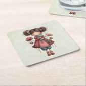 Girl with A Frog Doll Cute Whimsical スクエアペーパーコースター (アングル)