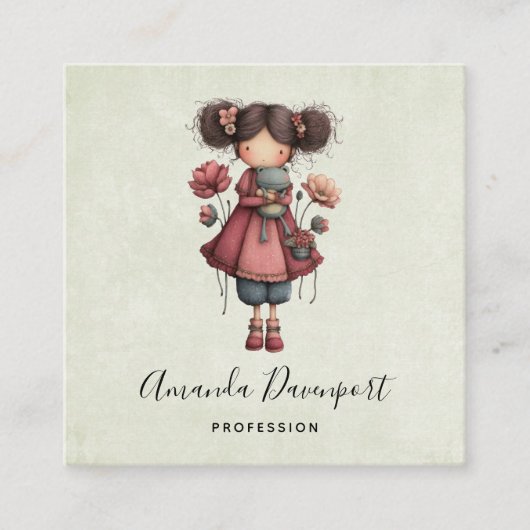 Girl with A Frog Doll Cute Whimsical スクエア名刺 (正面)