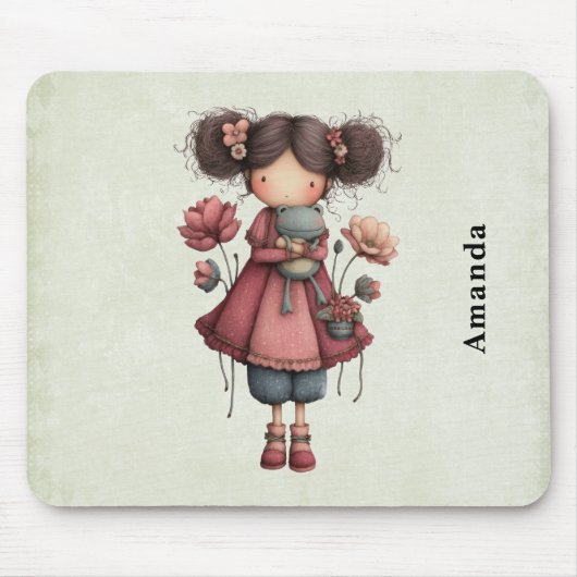 Girl with A Frog Doll Cute Whimsical マウスパッド (正面)
