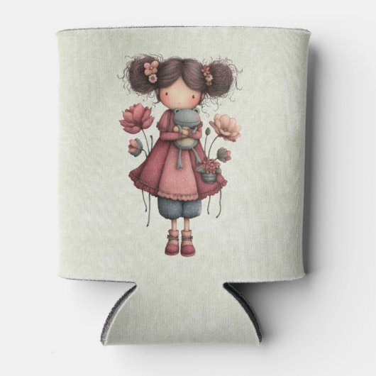 Girl with A Frog Doll Cute Whimsical 缶クーラー (正面)