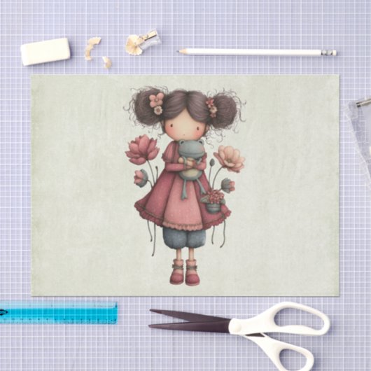 Girl with A Frog Doll Cute Whimsical 薄葉紙 (クラフト)