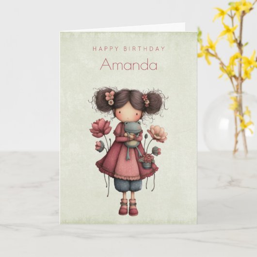Girl with A Frog Doll Cute Whimsical Birthday カード (黄色い花)