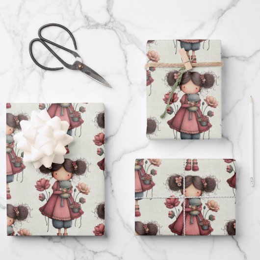 Girl with A Frog Doll Cute Whimsical Pattern ラッピングペーパーシート (正面)