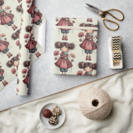 Girl with A Frog Doll Cute Whimsical Pattern ラッピングペーパー