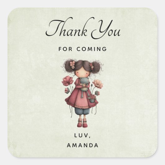 Girl with A Frog Doll Cute Whimsical Thank You スクエアシール (正面)