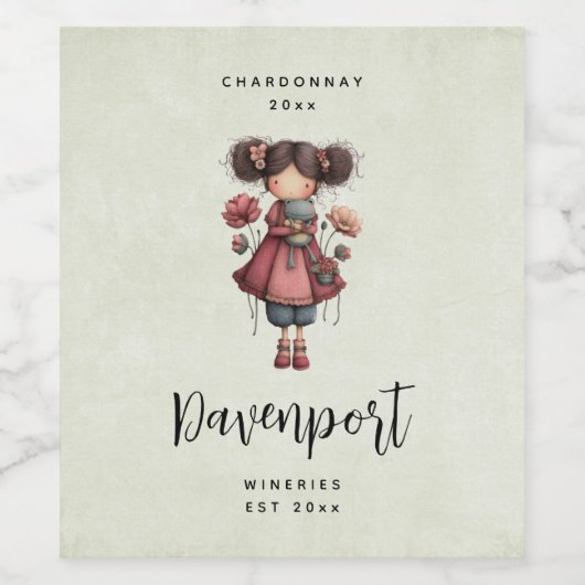 Girl with A Frog Doll Cute Whimsical Wine Making ワインラベル (シングルラベル)