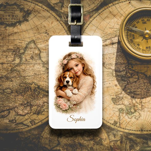 Girl with Beagle Puppy ラゲッジタグ