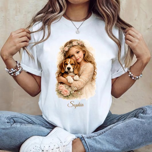 Girl with Beagle Puppy Tシャツ