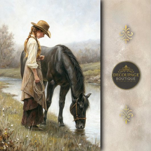 Girl With Black Horse By Stream Decoupage 薄葉紙