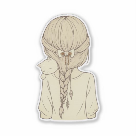 Girl with Braid and Cat Illustration – Soft Pastel シール (正面)