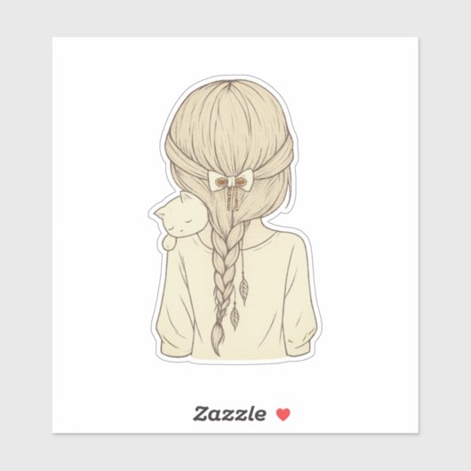 Girl with Braid and Cat Illustration – Soft Pastel シール (シート)