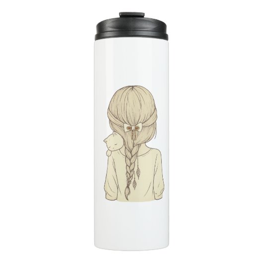 Girl with Braid and Cat Illustration – Soft Pastel タンブラー (正面)