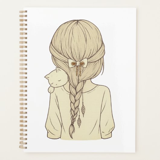 Girl with Braid and Cat Illustration – Soft Pastel プランナー手帳 (正面)