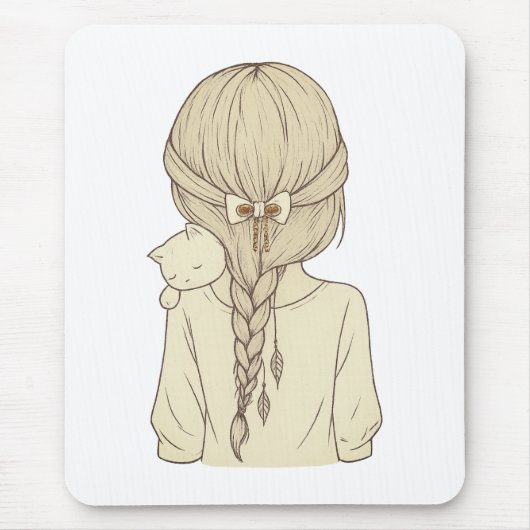 Girl with Braid and Cat Illustration – Soft Pastel マウスパッド (正面)