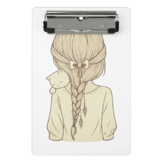 Girl with Braid and Cat Illustration – Soft Pastel ミニクリップボード