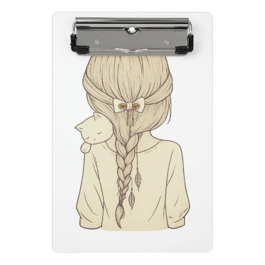 Girl with Braid and Cat Illustration – Soft Pastel ミニクリップボード (正面)