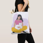 Girl with Cat – Cute Minimalist Cat Lover Tote トートバッグ (クローズアップ)