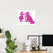 Girl with Dog Nursery Silhouette Gradient Pink Art ポスター (ホームオフィス)