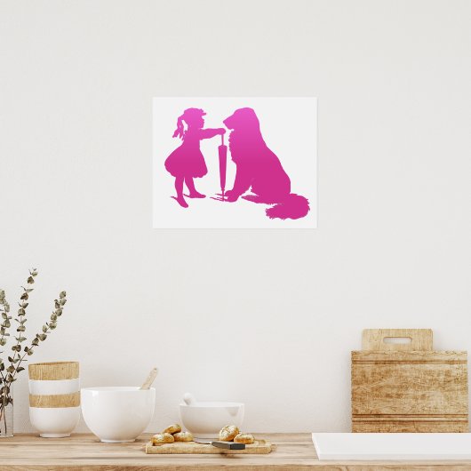 Girl with Dog Nursery Silhouette Gradient Pink Art ポスター (キッチン)