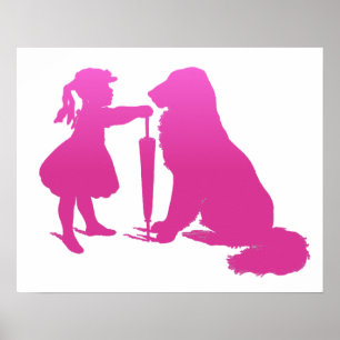 Girl with Dog Nursery Silhouette Gradient Pink Art ポスター