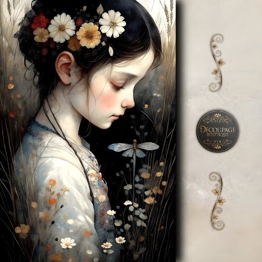 Girl with Flowers & Dragonfly Decoupage 薄葉紙