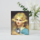 Girl with Kitten:ヴィンテージ絵画ズby E. Cabane ポストカード (スタンド正面)