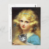 Girl with Kitten:ヴィンテージ絵画ズby E. Cabane ポストカード (正面/裏面)
