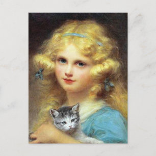 Girl with Kitten:ヴィンテージ絵画ズby E. Cabane ポストカード