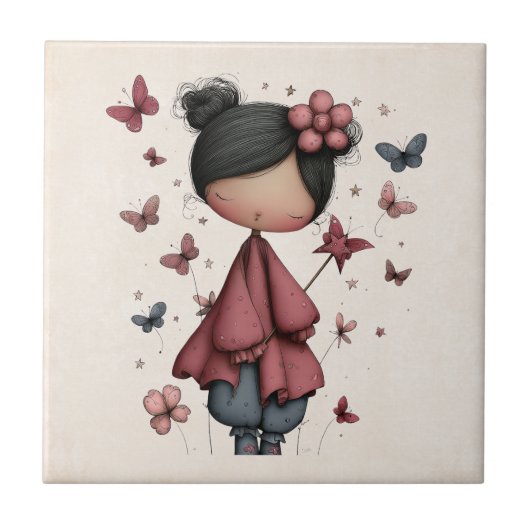Girl with Magic Wand and Butterflies Cute タイル (正面)