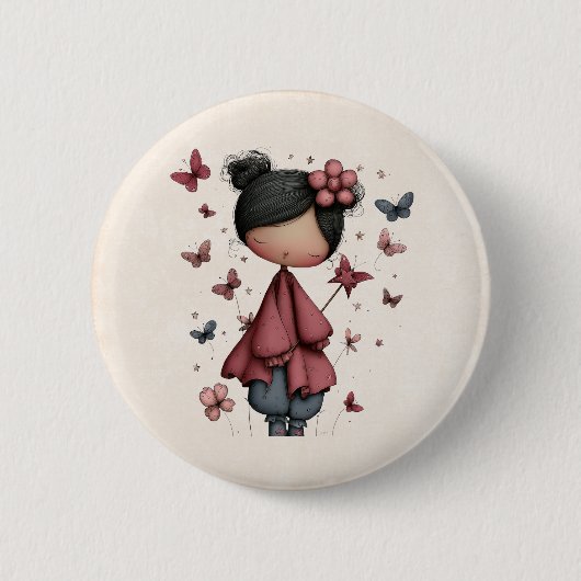 Girl with Magic Wand and Butterflies Cute 缶バッジ (正面)