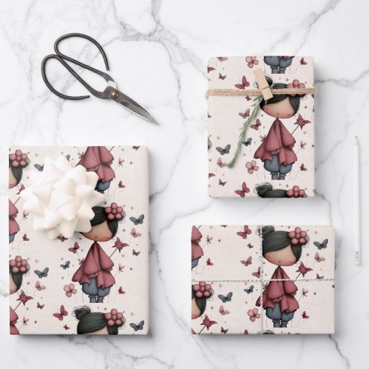 Girl with Magic Wand and Butterflies Pattern ラッピングペーパーシート (正面)