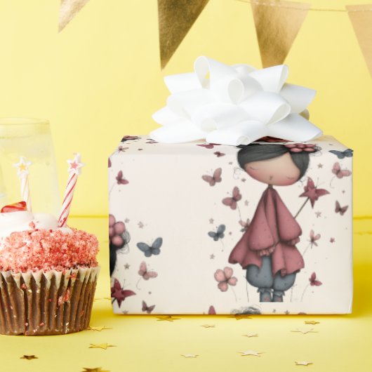 Girl with Magic Wand and Butterflies Pattern ラッピングペーパー (誕生日パーティー)