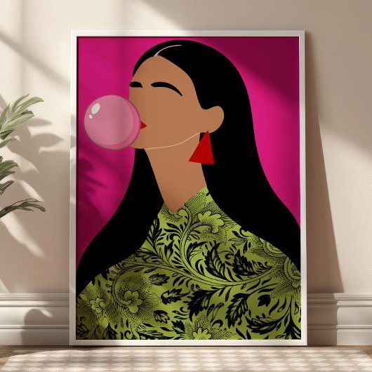Girl with Pink Bubblegum Illustration Funky Art  ポスター