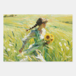 Girl with Sunflowers in Summer Field Wrapping Pape ラッピングペーパーシート