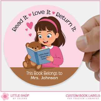 Girl with Teddy Bear Teacher Library Bookplate ラウンドシール