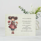 Girl with Toy Frog Cute Whimsical Doll Birthday 招待状 (スタンド正面)