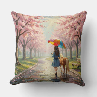 Girl with Umbrella and Pony in Park Throw Pillow クッション