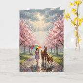 Girl with Umbrella and Pony in Rainy Park カード (黄色い花)