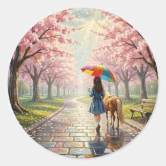 Girl with Umbrella and Pony in Rainy Park ラウンドシール