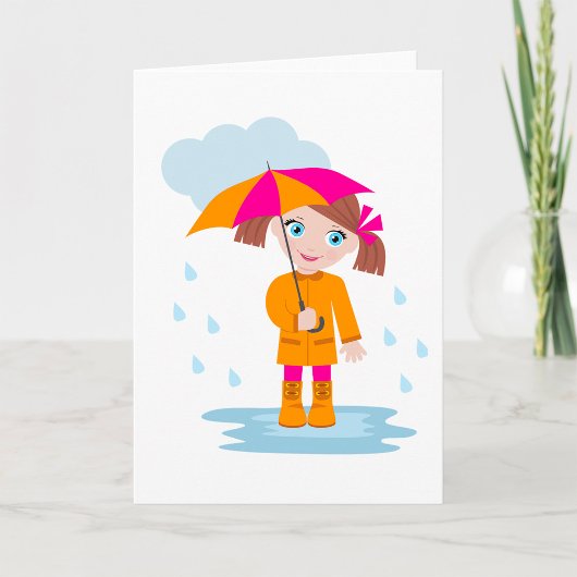 Girl with Umbrella in Rain Kids Rainy Day カード