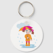 Girl with Umbrella in Rain Kids Rainy Day キーホルダー (正面)