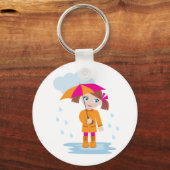 Girl with Umbrella in Rain Kids Rainy Day キーホルダー (正面)