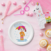 Girl with Umbrella in Rain Kids Rainy Day ペーパープレート (パーティー)